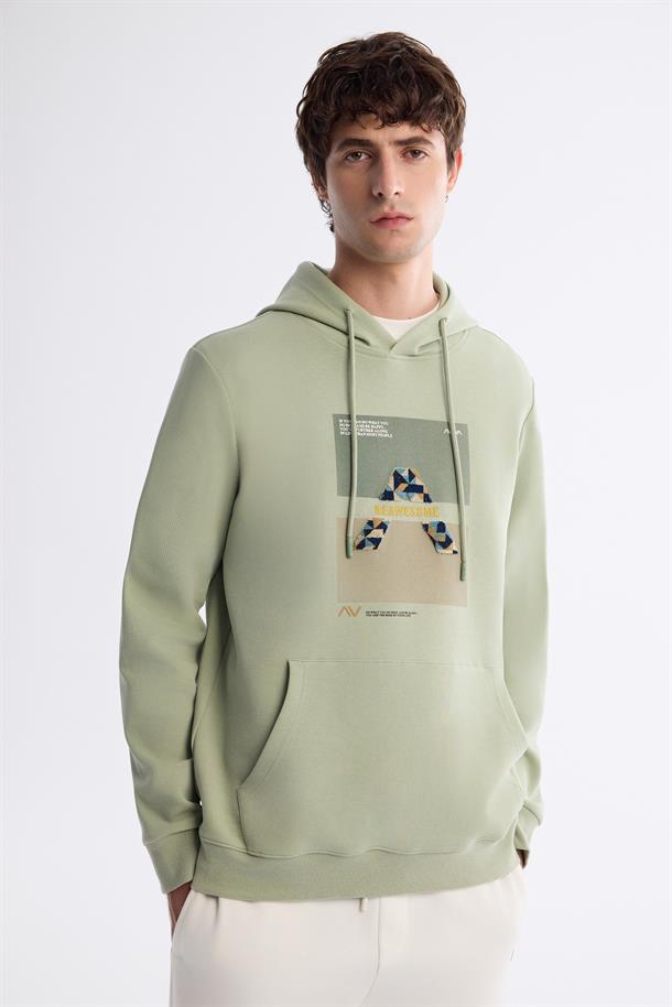 Mint Yeşil Kapüşonlu Pamuklu Baskılı Elastan Sweatshirt