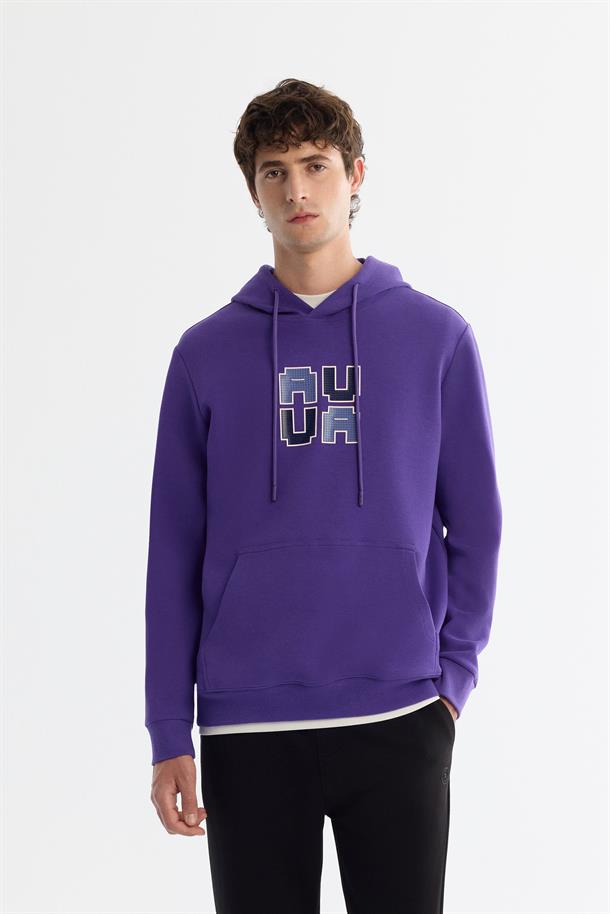 Mor Kapüşonlu Yaka Pamuklu Baskılı Sweatshirt