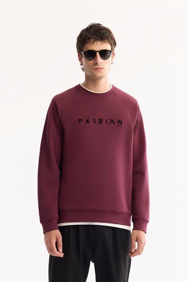 Mürdüm Bisiklet Yaka Rubber Baskılı İnterlok Sweatshirt