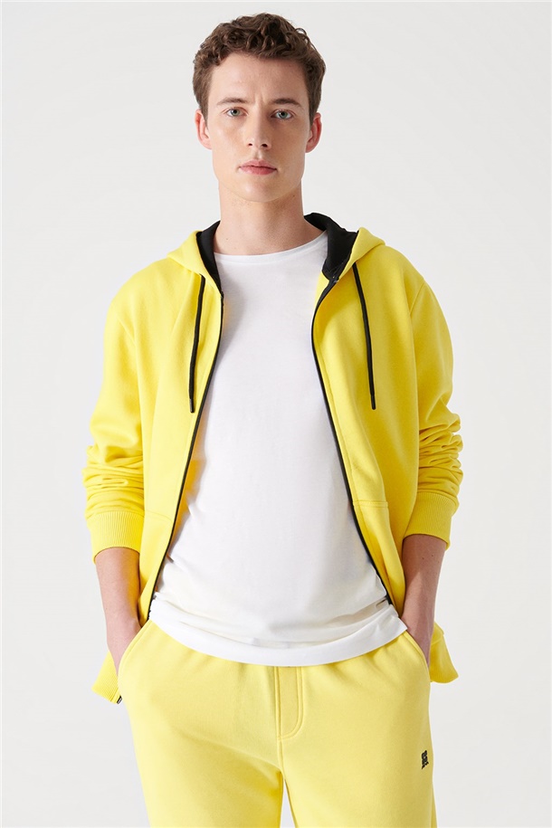Neon Sarı Fermuarlı Kapüşonlu Yaka Düz Sweatshirt
