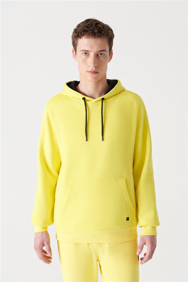 Neon Sarı Kapüşonlu Yaka Düz Sweatshirt