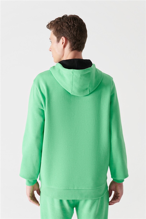 Neon Yeşil Fermuarlı Kapüşonlu Yaka Düz Sweatshirt