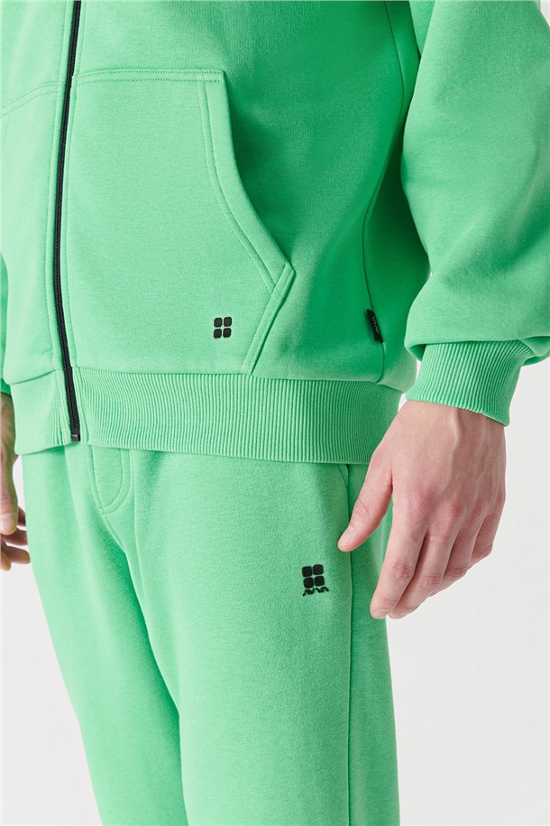 Neon Yeşil Fermuarlı Kapüşonlu Yaka Düz Sweatshirt