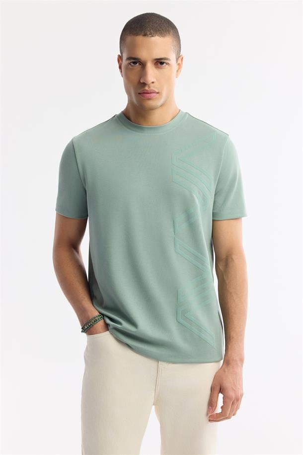 Nil Yeşili Bisiklet Yaka Puff Print T-Shirt