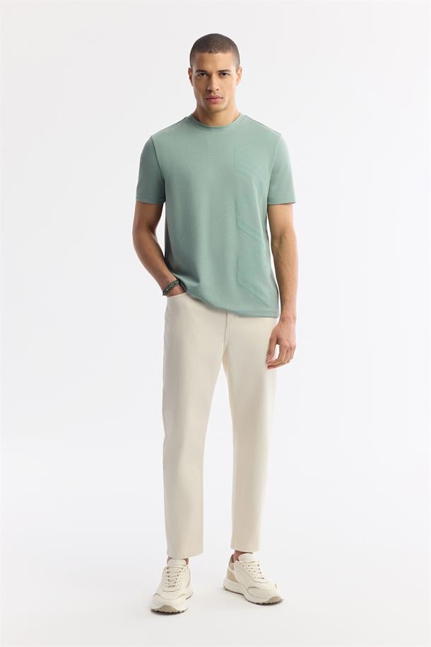 Nil Yeşili Bisiklet Yaka Puff Print T-Shirt