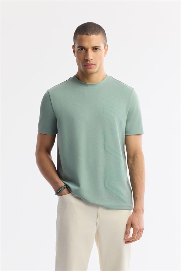 Nil Yeşili Bisiklet Yaka Puff Print T-Shirt