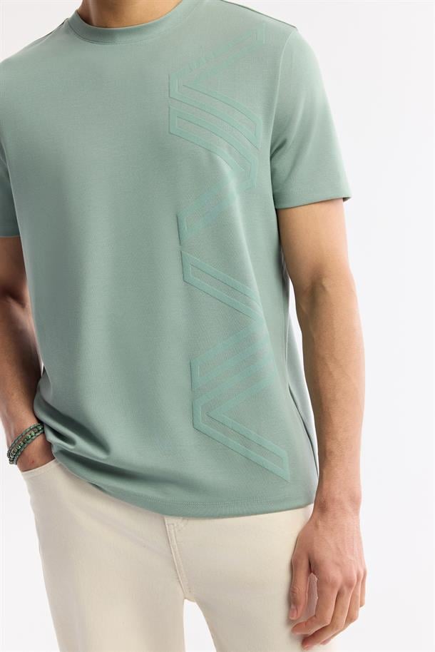 Nil Yeşili Bisiklet Yaka Puff Print T-Shirt