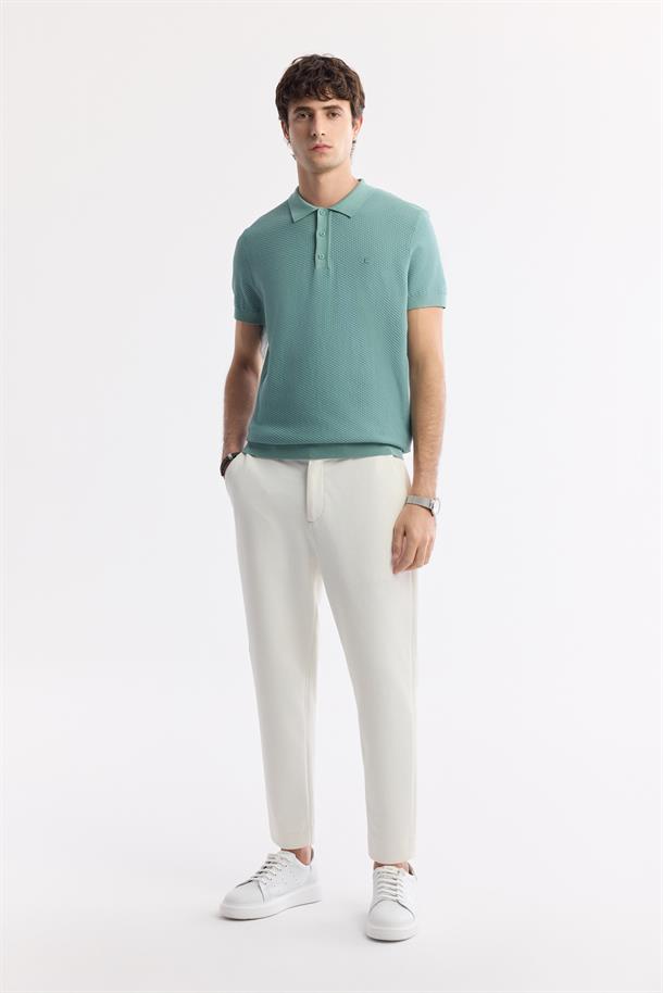 Nil Yeşili Polo Yaka Dokulu Triko T-shirt