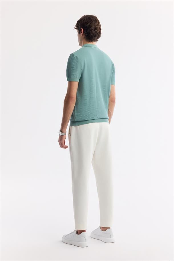 Nil Yeşili Polo Yaka Dokulu Triko T-shirt