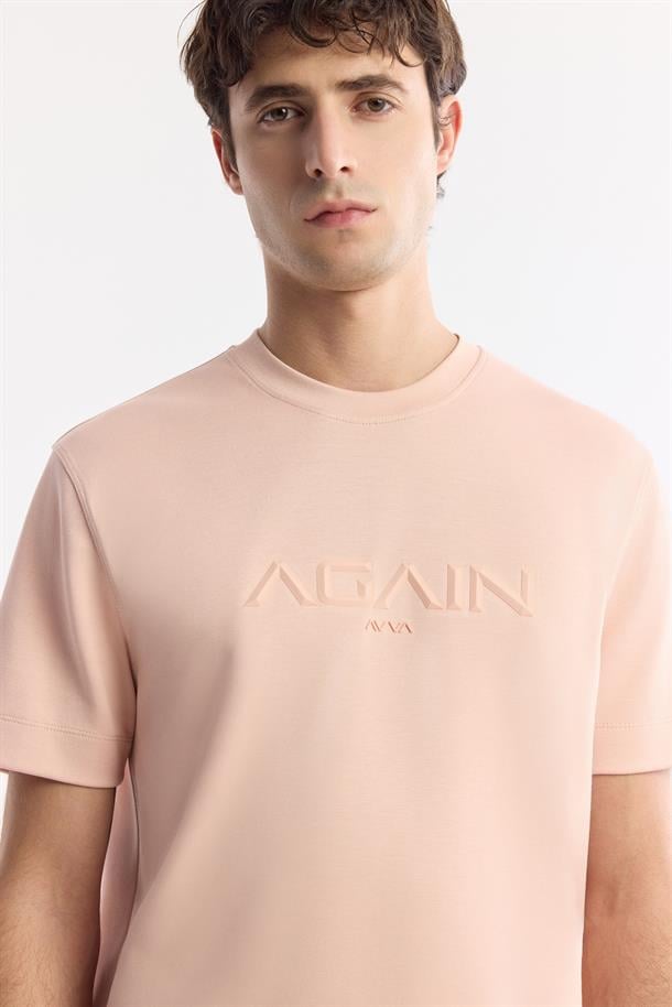 Pembe Bisiklet Yaka Hologram Baskılı İnterlok T-Shirt