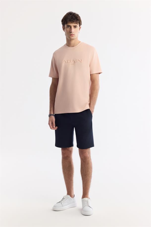 Pembe Bisiklet Yaka Hologram Baskılı İnterlok T-Shirt
