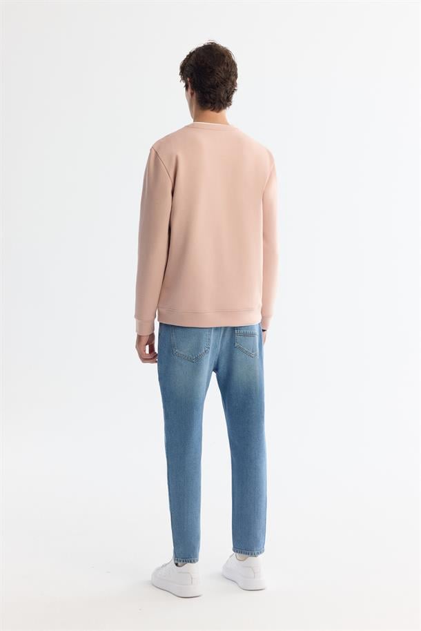 Pembe Bisiklet Yaka Pamuklu Baskılı Sweatshirt