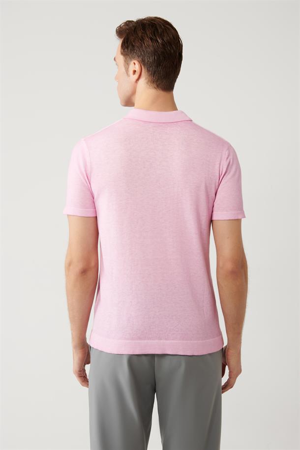 Pembe Polo Yaka Boya Efektli Triko T-shirt