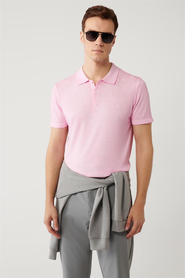 Pembe Polo Yaka Boya Efektli Triko T-shirt