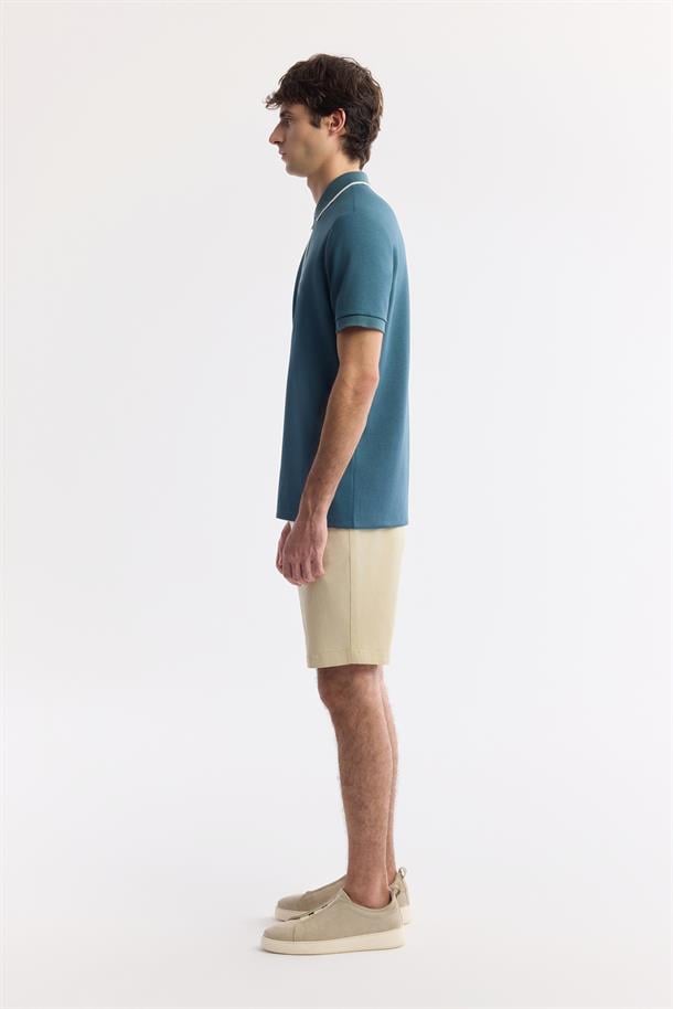 Petrol Mavi Fermuarlı Polo Yaka Flexi Baskı Detaylı İnterlok T-Shirt