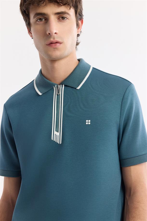 Petrol Mavi Fermuarlı Polo Yaka Flexi Baskı Detaylı İnterlok T-Shirt