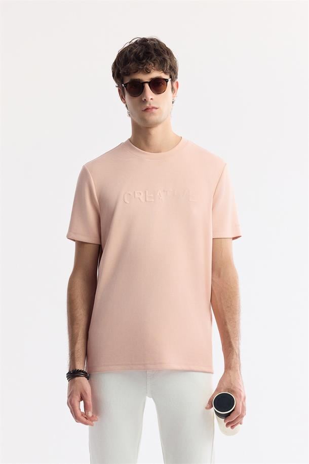 Pudra Bisiklet Yaka Baskılı İnterlok T-Shirt