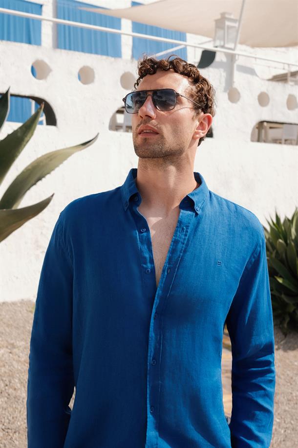 Royal Blue Linen Comfort Fit Shirt