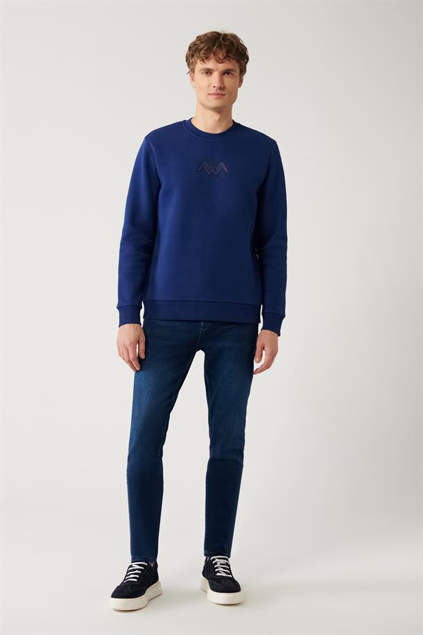 Saks Şardonlu Kumaş Bisiklet Yaka Enjeksiyon Baskılı Sweatshirt