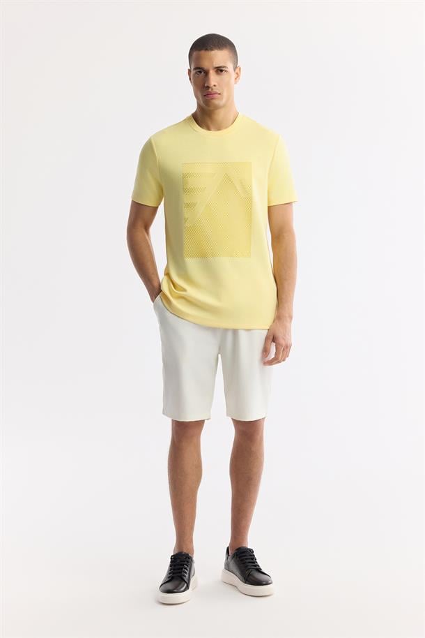 Sarı Bisiklet Yaka Enjeksiyon Baskılı İnterlok T-Shirt