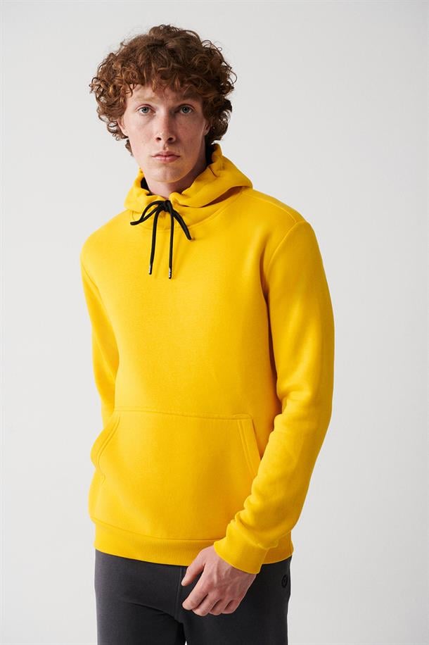 Sarı Kapüşonlu Yaka İçi Polarlı 3 İplik Pamuklu Regular Fit Standart Kesim Unisex Sweatshirt