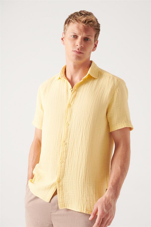 Sarı Kırışık Görünümlü Kısa Kol Tril Gömlek