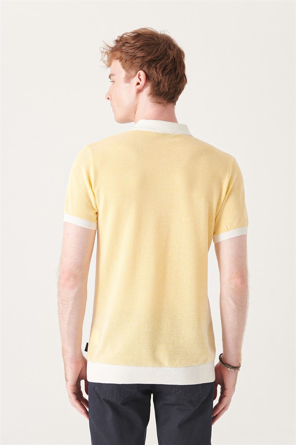 Sarı Polo Yaka Jakarlı Kısa Kol Triko T-Shirt