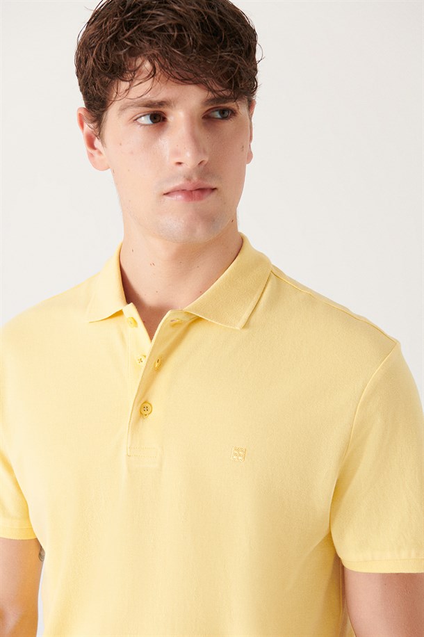 Sarı Polo Yaka Slim Fit %100 Pamuk Basic T-Shirt