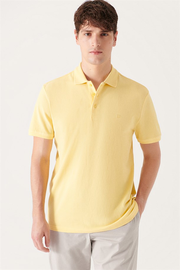 Sarı Polo Yaka Slim Fit %100 Pamuk Basic T-Shirt