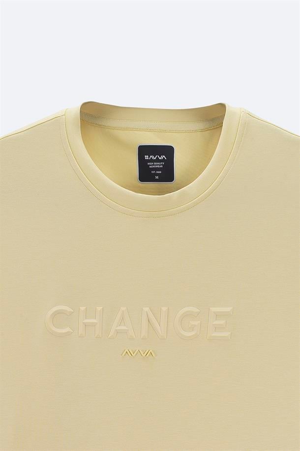 Sarı Soft Touch Bisiklet Yaka Baskılı T-Shirt