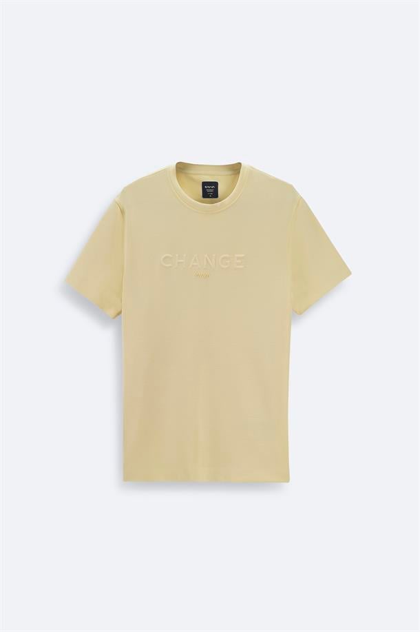 Sarı Soft Touch Bisiklet Yaka Baskılı T-Shirt
