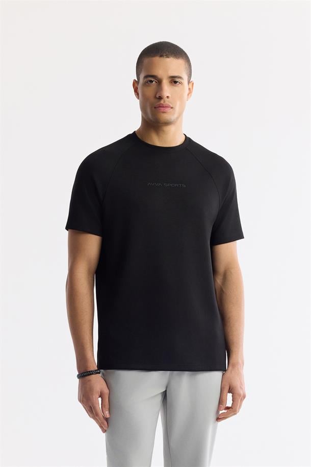 Siyah %100 Pamuk Bisiklet Yaka Baskılı T-Shirt