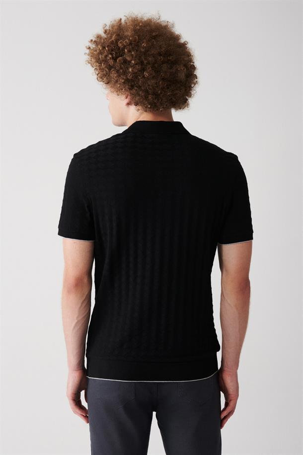 Siyah %100 Pamuk Fermuarlı Polo Yaka Jakarlı Slim Fit T-Shirt