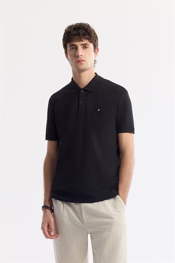 Siyah %100 Pamuk Hızlı Kuruyan Kıvrılmayan Polo Yaka T-Shirt
