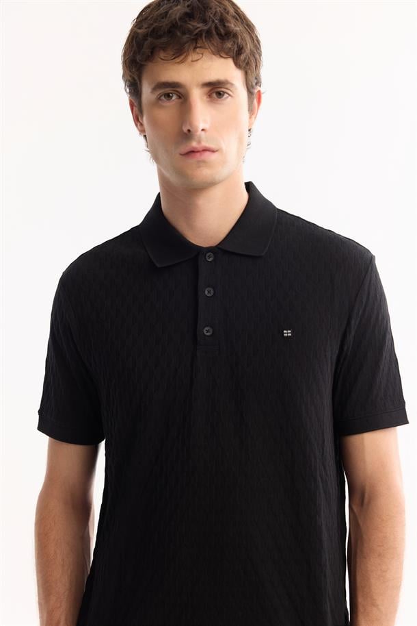 Siyah %100 Pamuk Jakarlı Polo Yaka T-Shirt