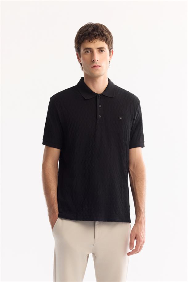 Siyah %100 Pamuk Jakarlı Polo Yaka T-Shirt