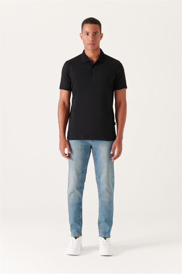 Siyah %100 Pamuk Regular Fit 3 Düğmeli Polo Yaka T-Shirt