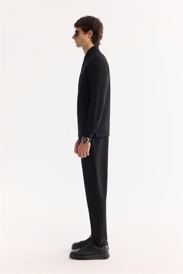 Siyah 2 Düğmeli Pamuklu Polo Yaka Basic Sweatshirt