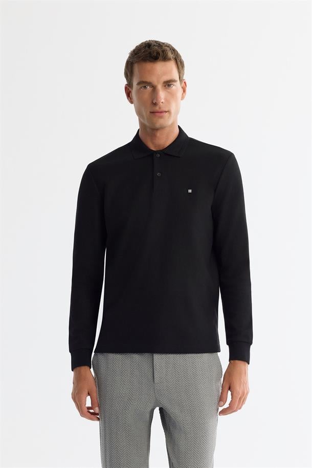 Siyah 2 Düğmeli Pamuklu Polo Yaka Sweatshirt
