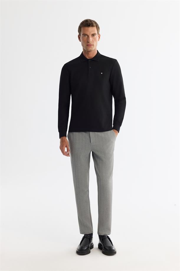 Siyah 2 Düğmeli Pamuklu Polo Yaka Sweatshirt