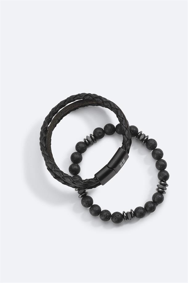 Black Leather and Stone Beaded Bracelet