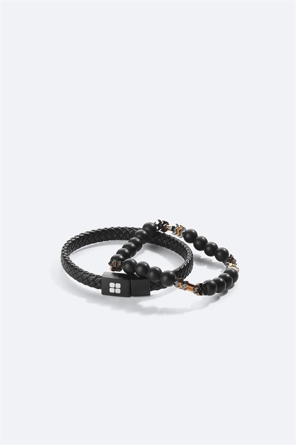 Black Leather and Stone Beaded Bracelet