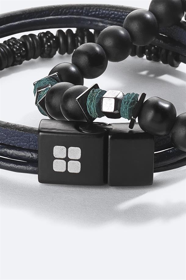 Black Leather and Stone Beaded 2 Pack Bracelet Set