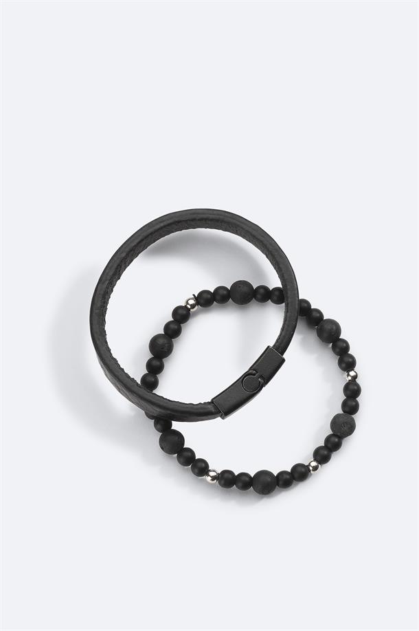 Black Leather and Stone Beaded 2 Pack Bracelet Set