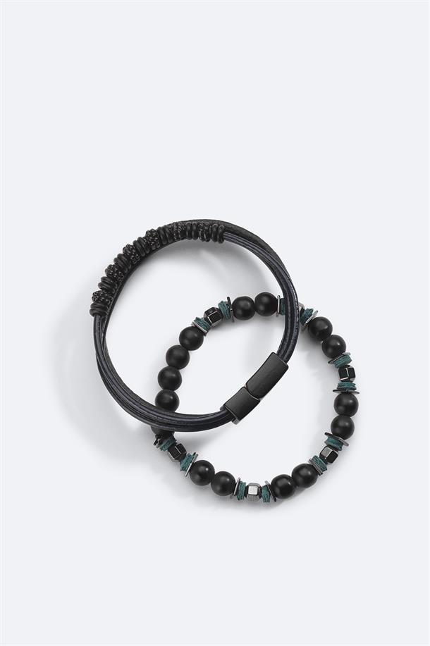 Black Leather and Stone Beaded 2 Pack Bracelet Set