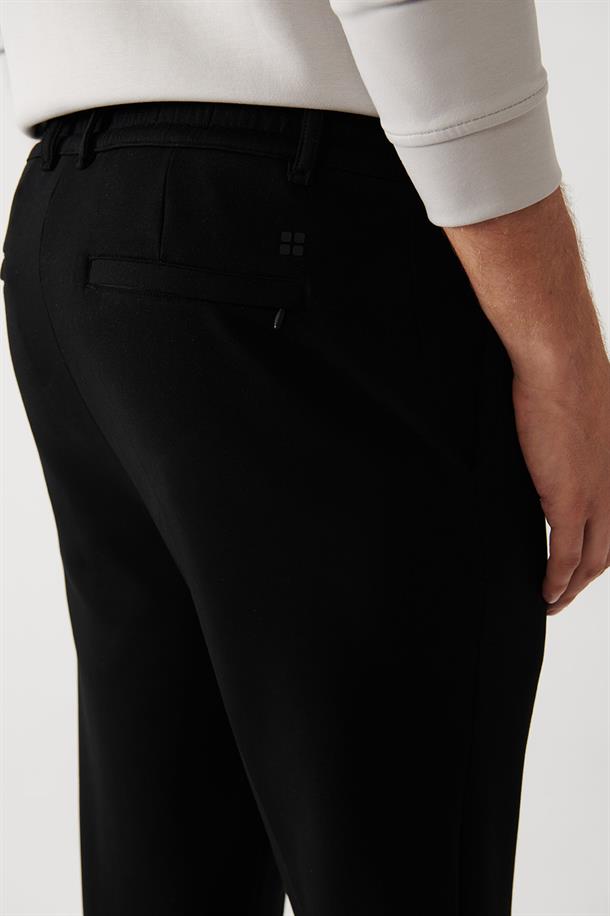 Siyah Arka Beli Lastikli Fleto Cep Fermuar Detaylı Örme Slim Fit Chino Pantolon
