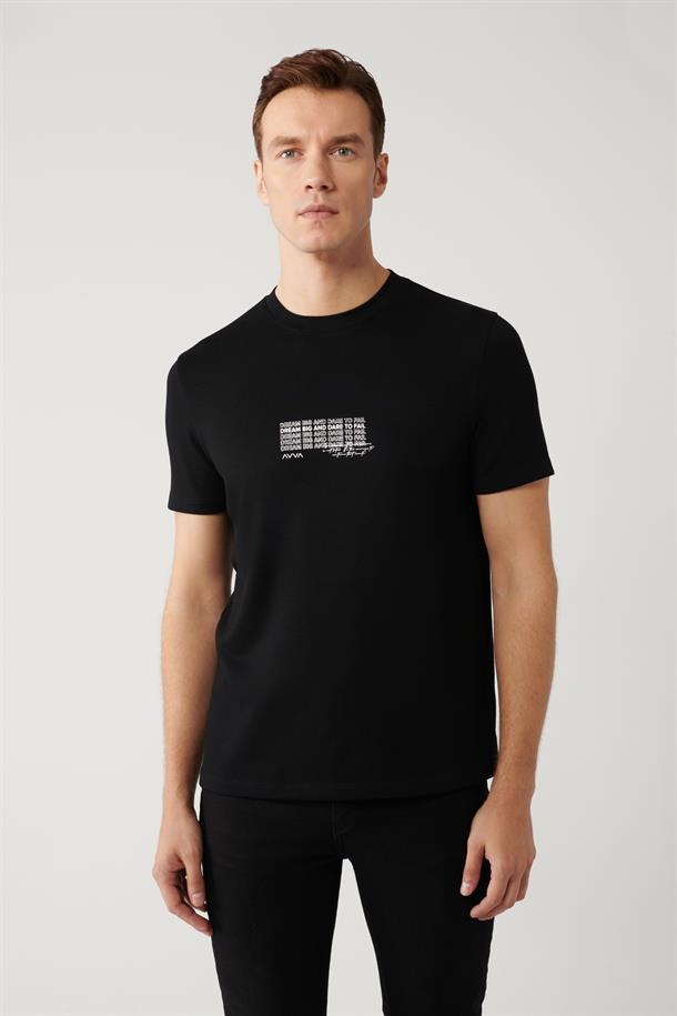 Siyah Baskılı Bisiklet Yaka İnterlok T-shirt
