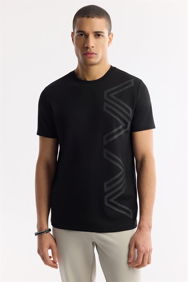 Siyah Baskılı Bisiklet Yaka İnterlok T-Shirt
