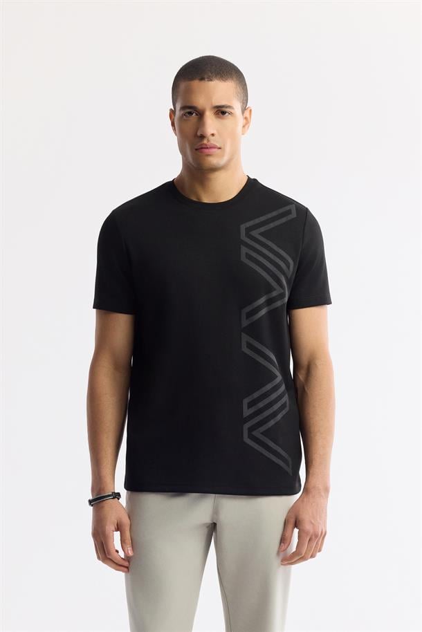 Siyah Baskılı Bisiklet Yaka İnterlok T-Shirt