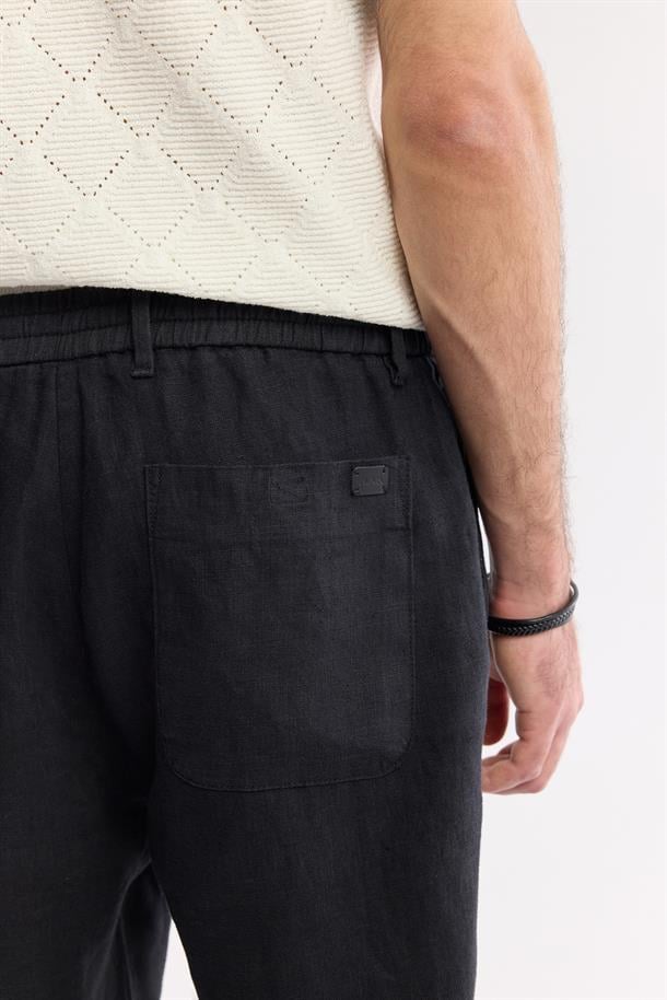 Siyah Beli Lastikli %100 Keten Pantolon
